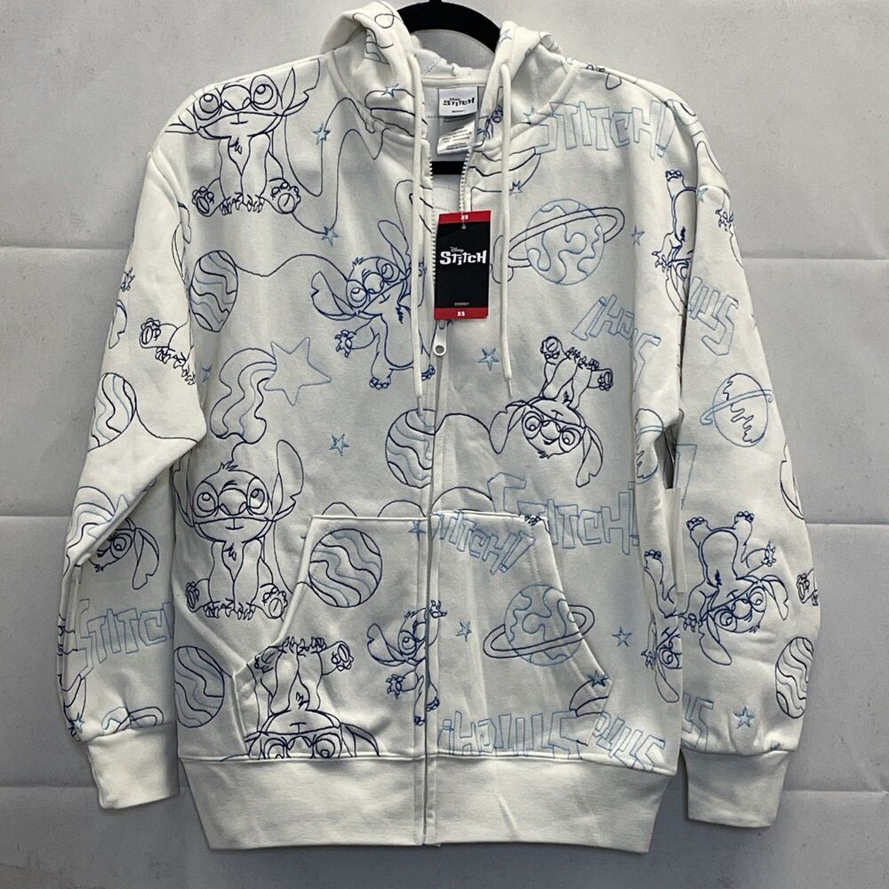 NEW! Disney Lilo & Stitch, Zip Up Hoodie Size XS, Off White, Outline AOP, Freeze